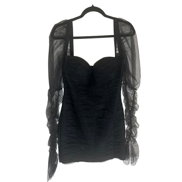 Donnée Par Dieu Women's Sheer Sleeve Ruched Mini Dress Black Elegant Partywear M - Picture 8 of 16
